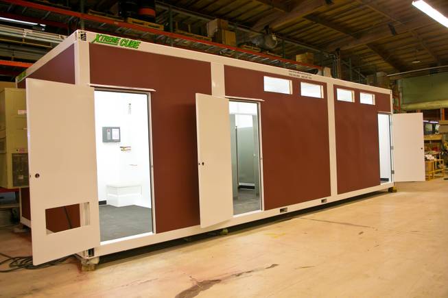 A look at one of the structures, a restroom facility, that will be used in the Downtown Container Park, Monday Jan. 7, 2013.